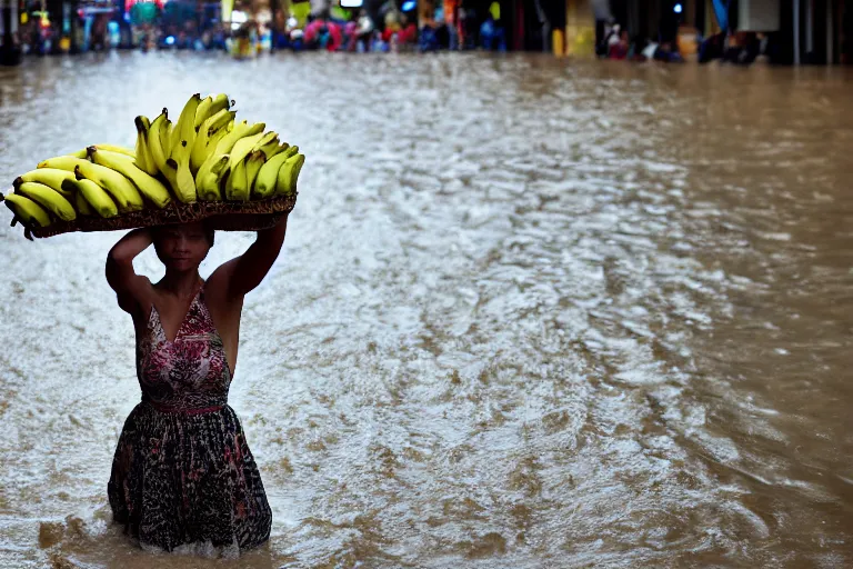 Prompt: closeup portrait of a woman carrying a bunch of bananas over her head in a flood in Rundle Mall in Adelaide in South Australia, photograph, natural light, sharp, detailed face, magazine, press, photo, Steve McCurry, David Lazar, Canon, Nikon, focus