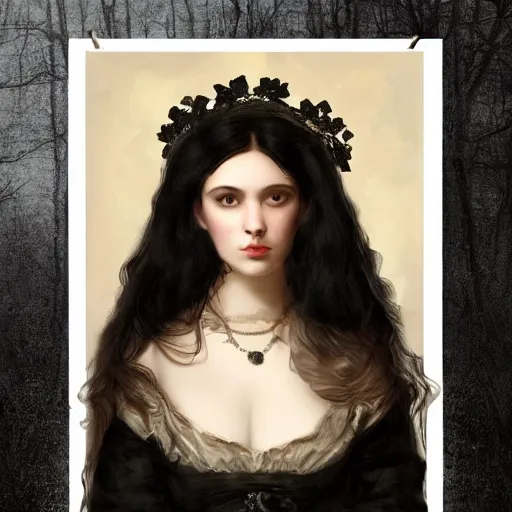 Image similar to a beautiful young woman, pale skin, black long hair, aristocrat, black expensive dress from 1 8 6 0, illuminated by campfire, oil painting, digital art, studio photo, realistic, artstation, high quality, wild west