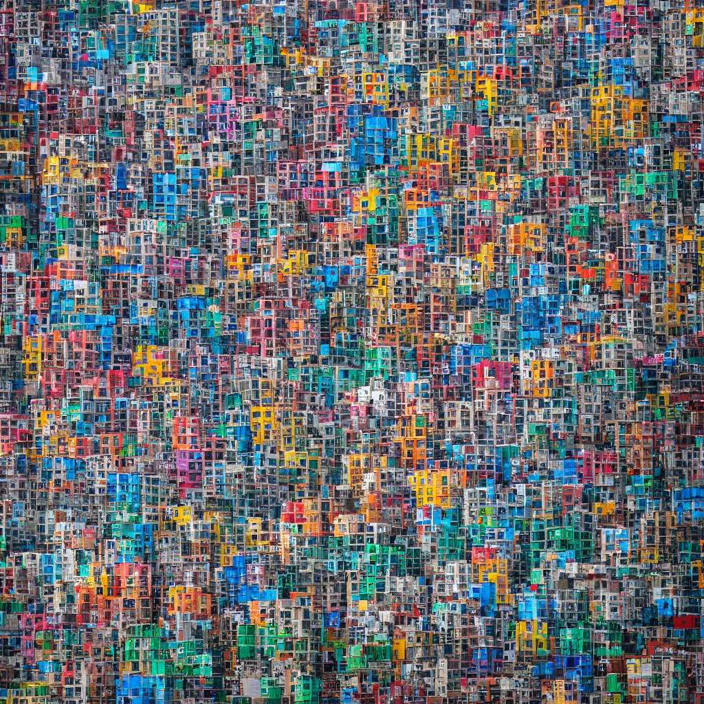 Image similar to two towers, made up of colourful makeshift squatter shacks, large vertical blank spaces, dystopia, sony a 7 r 3, f 1 1, fully frontal view, photographed by jeanette hagglund