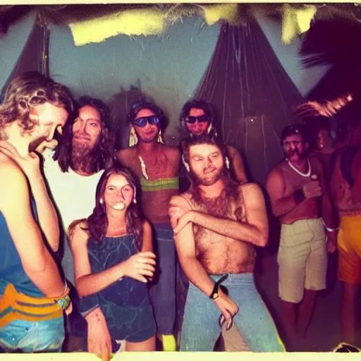 Image similar to rave party chill out zone from a 1970s festival in the desert, polaroid picture