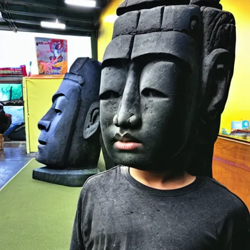 Image similar to a kid looking very dissapointed that his birthday present was a very large moai statue | iphone photograph