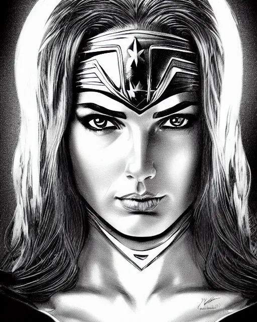Prompt: tired angry wonderwoman portrait hd sharp monochrome drawing painting 3d with mix of gal Gadot and Linda Carter in giger sorayama frank Miller Alex Ross ito junji style detailed trending on artstation Leica Zeiss depth of field