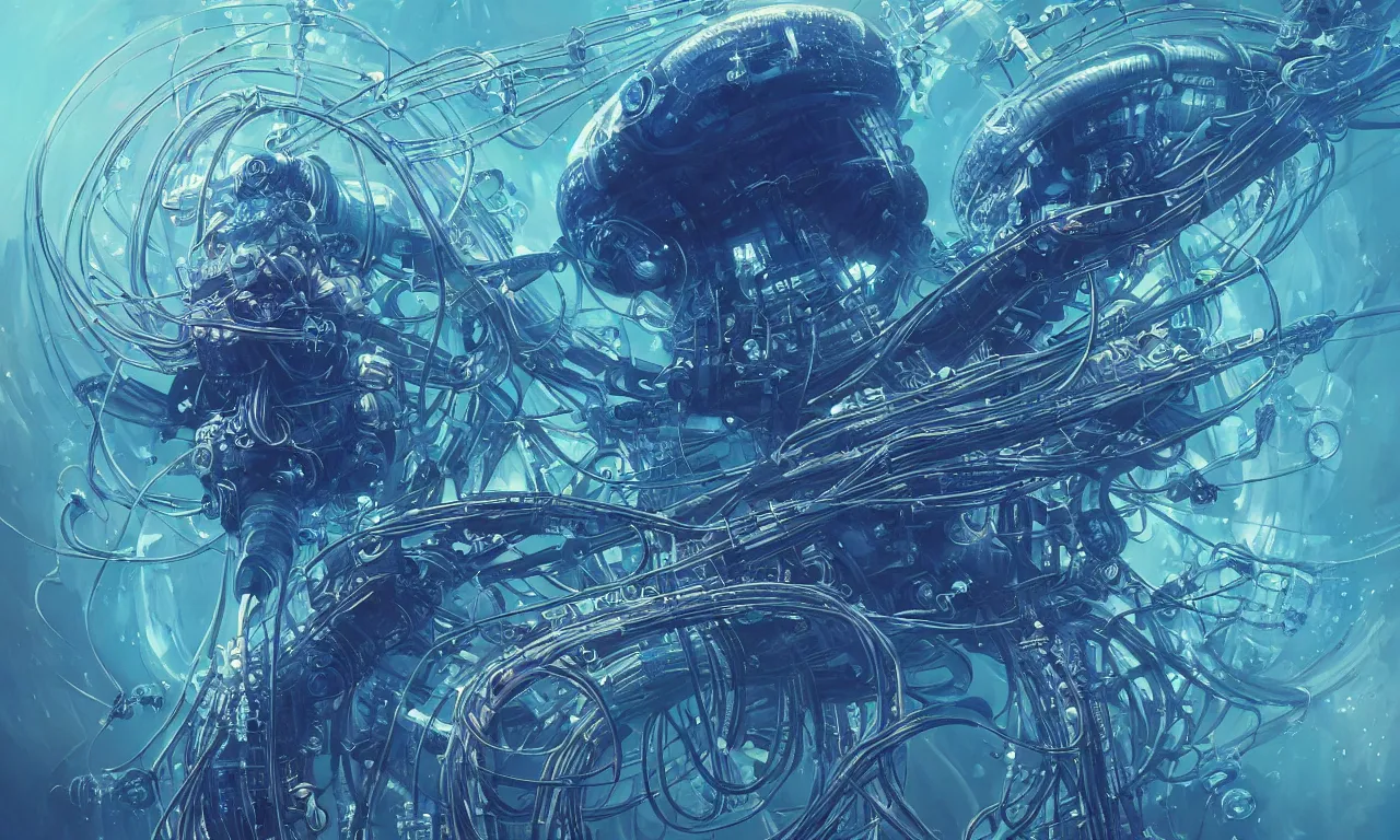 Image similar to a hyper detailed painting of a cyberpunk jellyfish, cables everywhere, blue tones, underwater, 16 mm, highly detailed, digital painting, artstation, concept art, smooth, sharp focus, illustration, art by artgerm and greg rutkowski and alphonse mucha