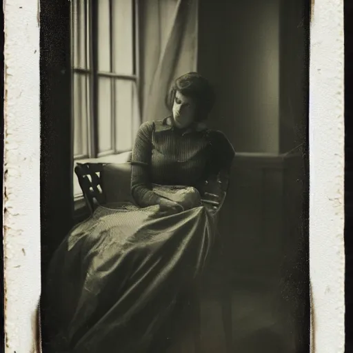 Prompt: a woman sitting in a chair next to a window, a portrait by anka zhuravleva, featured on flickr, american barbizon school, chiaroscuro, studio portrait, ambrotype n - 8