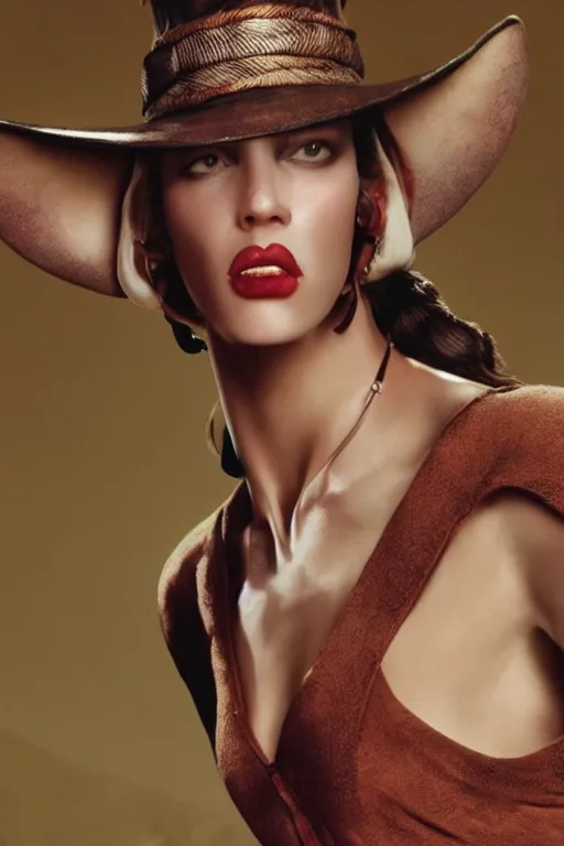 Image similar to gopro closeup of jar jar binks as a female cowgirl, long eyeslashes, huge juicy lips, big seductive eyes, dolce & gabbana campaign, shot by mario testino, realistic vfx simulation