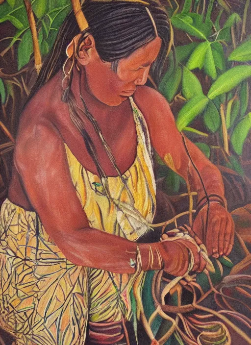 Prompt: a beautiful painting of an indigenous female doing crafting of a fabric in the jungle, realistic face, ayahuasca