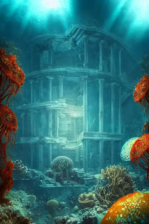 Image similar to high quality sharp photo of cinematic underwater dystopian byzantine city ruins with giant bioluminescent multicolor mutant plants and cyborg jellyfish, digital art masterpiece, aykut aydogdu eric zener, very dramatic volumetric light, long shot, ground angle uhd 8 k, deep focus