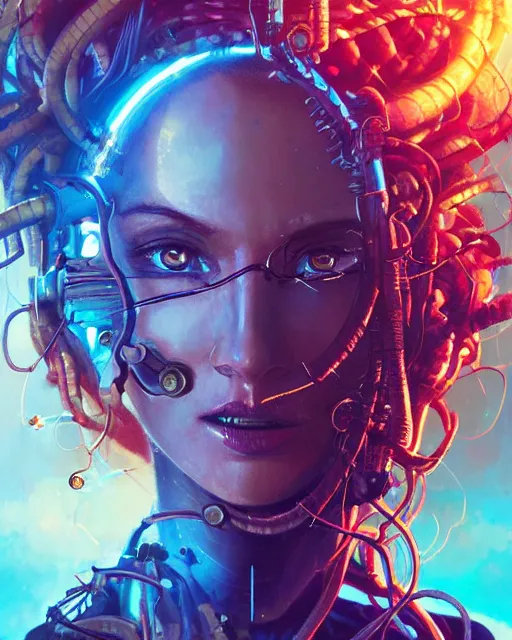 Image similar to a cyberpunk extreme close up portrait of cyborg medusa, electricity, snakes in hair, sparks, bokeh, soft focus, skin tones, warm, sky blue, sunny sky, by paul lehr, jesper ejsing