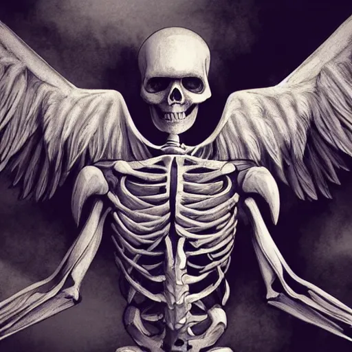 Prompt: a male skeleton with wings, illustration style, symbolic, cinematic, dark and moody scene, super detailed and intricate, elegant, hyper - realistic