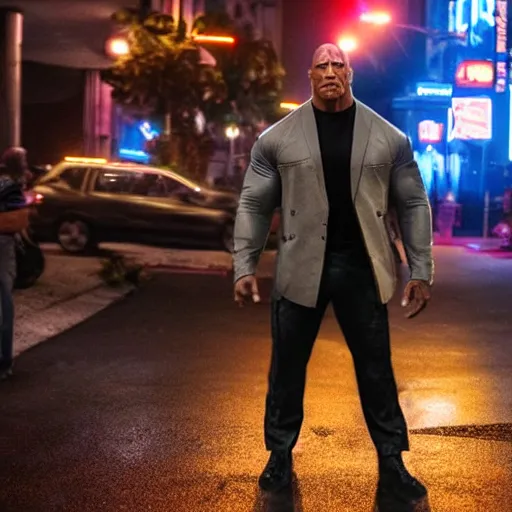 Image similar to Dwayne Johnson on the street in the night of cyberpunk city, bright lighting, high quality, ultra detailed , full body