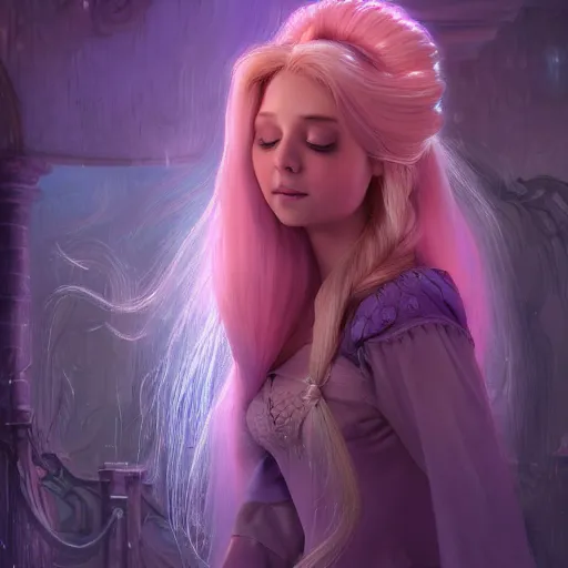 Image similar to rapunzel with her long beautiful hair wrapping around her body, huggy wuggy from poppy playtime video game, fullbody, ultra high detailed, glowing lights, oil painting, greg rutkowski, charlie bowater, beeple, unreal 5, daz, hyperrealistic, octane render, rpg portrait, dynamic lighting, fantasy art, beautiful face