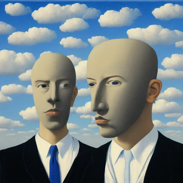 Image similar to portrait of a faceless shadow - head man in a suit, clouds in the background, by rene magritte, detailed painting, distance, centered, hd, hq, high resolution, high detail, 4 k, 8 k