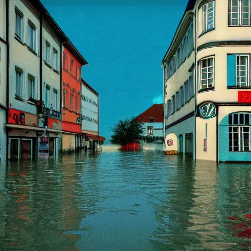 Image similar to 80s vaporwave outrun Album Art of a german town being flooded, retro, grainy, noisy