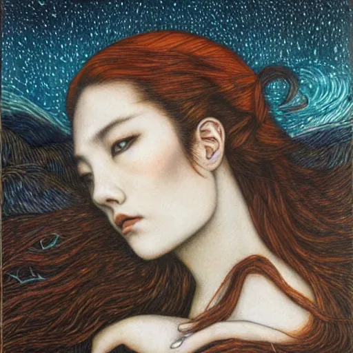 Prompt: by chie yoshii threatening. a beautiful land art of a woman with long flowing hair, wild animals, & a dark, starry night sky.