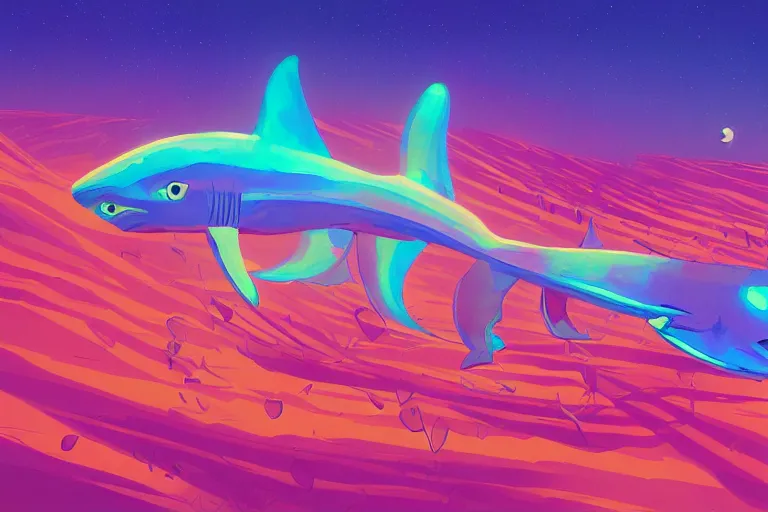 Image similar to a holographic projection of a huge colorful transparent shark appears in the desert at night, a man is stunned, by anton fadeev and jame paick, highly - detailed, fantasy