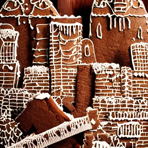 Prompt: dilapidated ruined city made of gingerbread, wreckage of a full - sized towering gingerbread cityscape, dramatic, award - winning photography