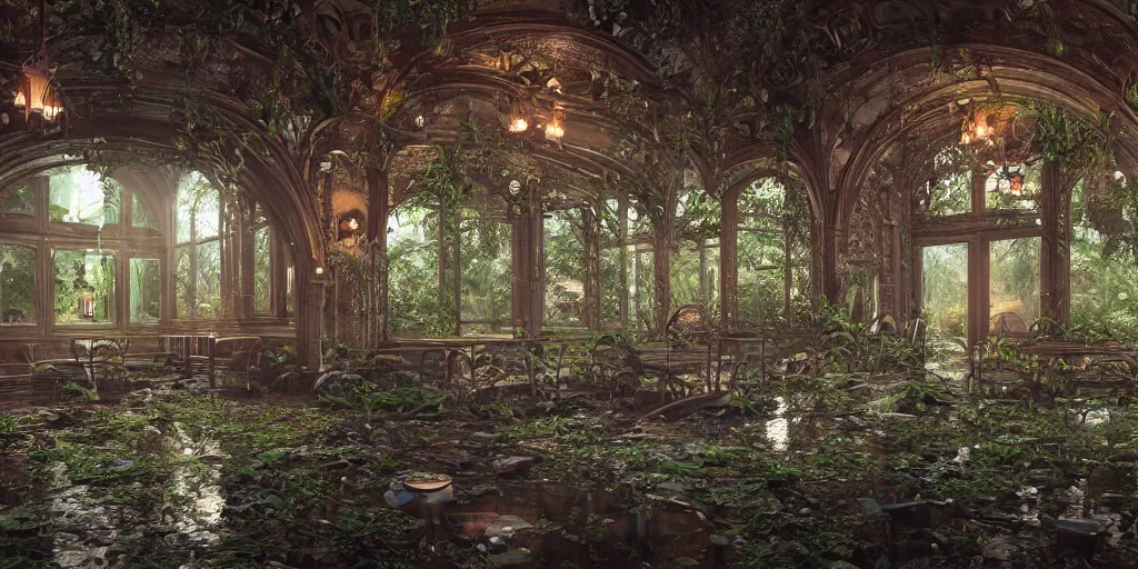 Image similar to abandoned restaurant on overgrown forest, fantasy, ornate, hyper realism, wet reflections, intricate, realistic, digital art, detailed, studio shot, unreal engine 5, octane, high definition, smooth, artstation, behance