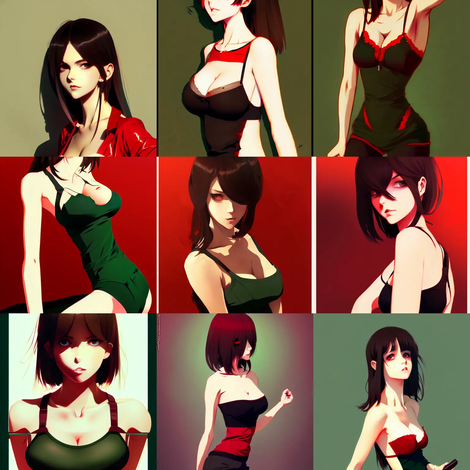 Prompt: sexy girl with brown hair and green eyes, wearing a camisole, red and black color palette, in the style of and ilya kuvshinov and greg rutkowski, high quality anime artstyle, intricate