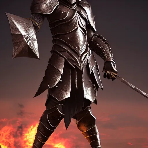 Image similar to warrior with daedric armor ,fantasy, D&D, HDR, natural light, dynamic pose, award winning photograph, octane render , 8k,