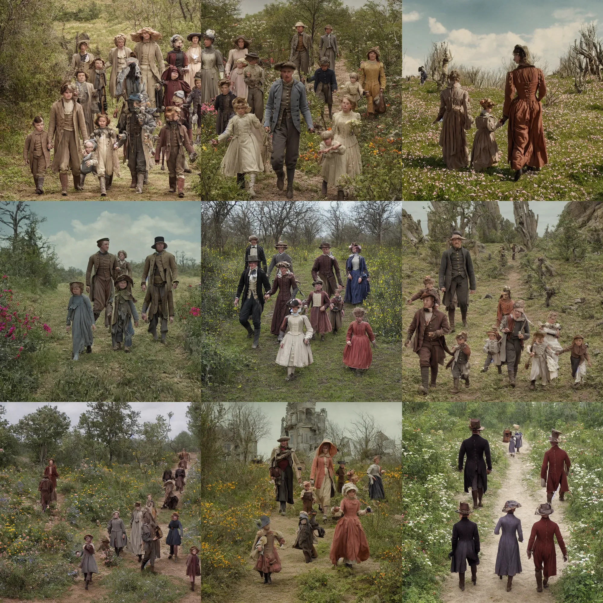 Prompt: sharp, highly detailed, 9216k film, 17500mm film still from a sci fi blockbuster color movie made in 2019, set in 1860, of a family walking through an alien landscape, full of strange alien plants and flowers, on an alien planet, the family are all wearing 1860s era clothes, good lighting, enhanced faces, atmospheric, 350mm f/1.4L lens