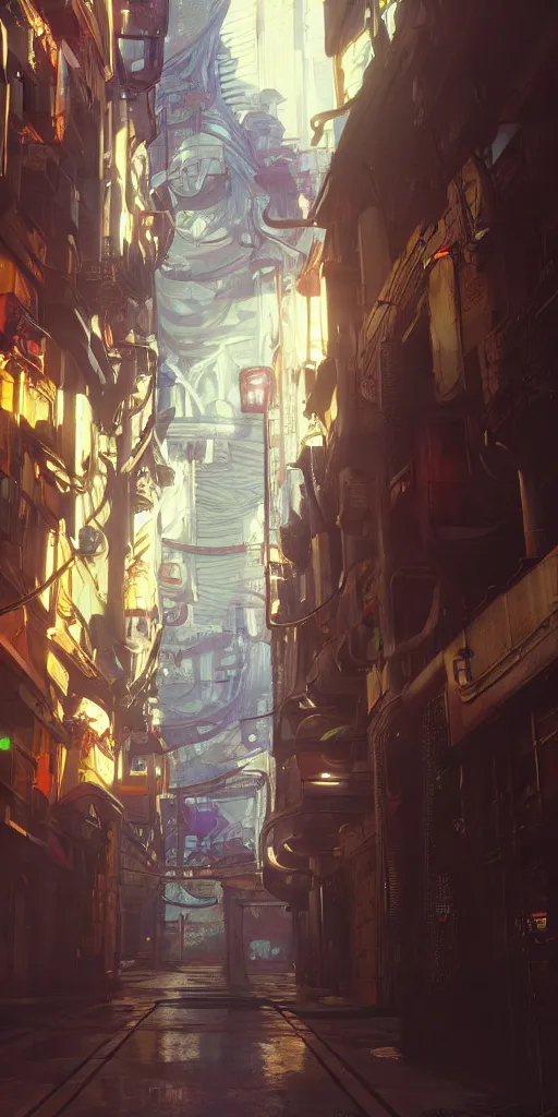 Image similar to cyberpunk alley, alphonse mucha, 8 k, raytracing, unreal engine 5,