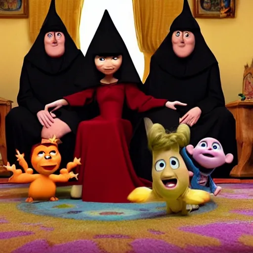 Image similar to pixar movie, a happy family in black cult robes sitting around a red pentagram on the floor performing an evil occult ritual to summon the antichrist