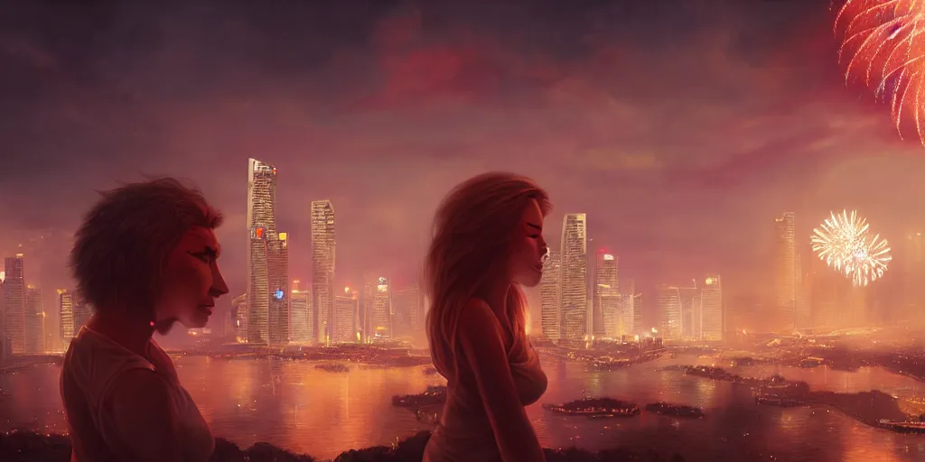 Image similar to Singapore city with a lion-shaped cloud in the sky and fireworks in the sky, by Charlie bowater, red and white lighting, digital art, ultra realistic, ultra detailed, photorealistic, 4k, character concept