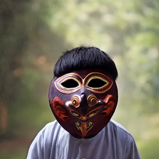 Prompt: 8 k, uhd, 1 9 4 7 asian boy use wear topeng sunda mask, with casual clothes, highly details form