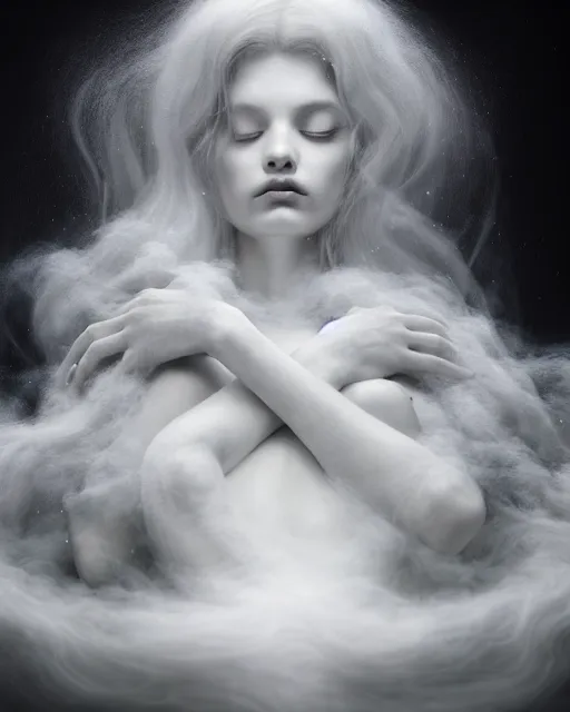 Image similar to monochrome, dreamy, subsurface scattering, white, young beautiful goddess in cosmos with very long white hair floating in air, fluid smoke art, black and white, octane render, dino valls, mark ryden, joe fenton, michal karcz, highly detailed, rim light, art, cinematic lighting, very coherent, hyper realism, 8 k