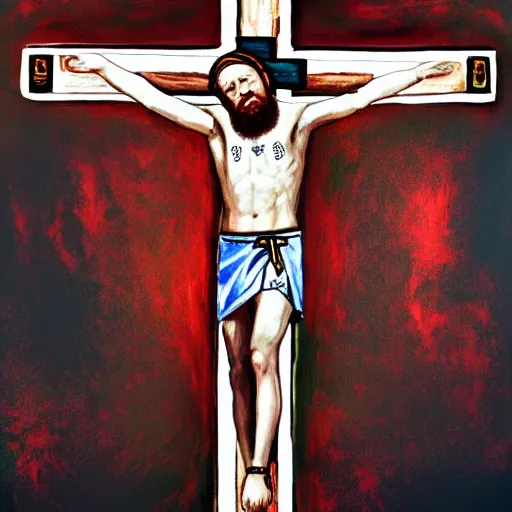 Image similar to religious portrait, conor mcgregor on the cross, crucifixion, oil on canvas, digital art