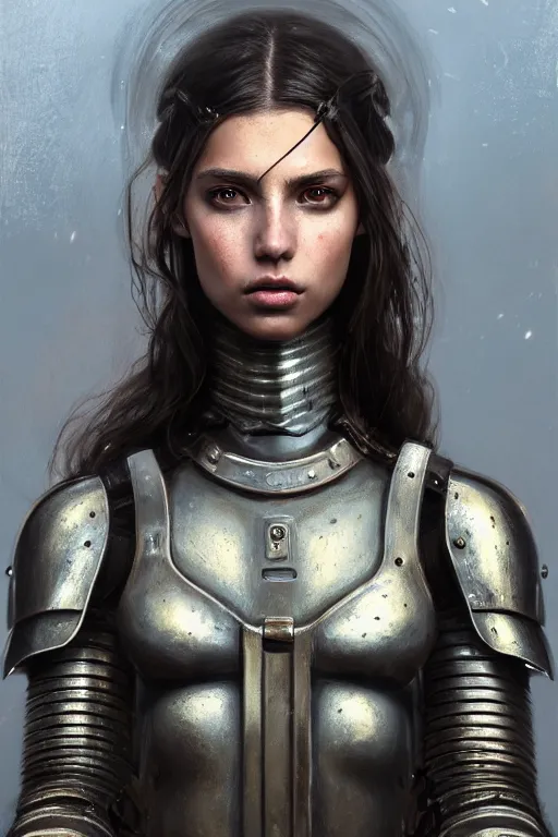 Image similar to a photorealistic painting of an attractive young girl, partially clothed in dirty metal-plated battle armor, dirty olive skin, long dark hair, beautiful bone structure, perfectly symmetrical face, perfect eyes, intricate, elegant, digital painting, concept art, illustration, sharp focus, minimal artifacts, volumetric lighting, from Metal Gear, in the style of Greg Rutkowski, trending on Artstation, award winning