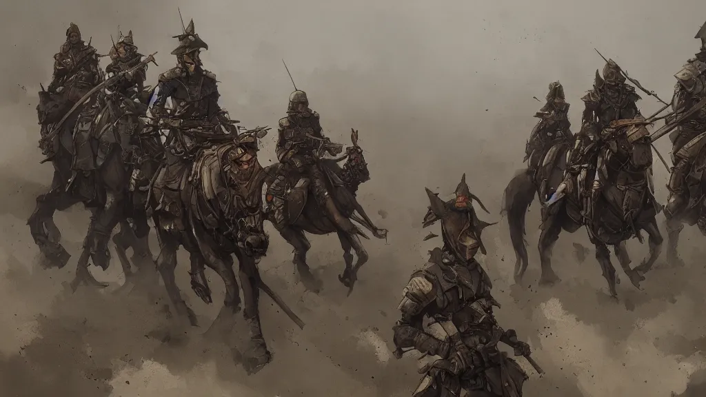 Image similar to group of dragoon riders, rule of thirds, watercolored, jakub rozalski, dark colours, dieselpunk, artstation