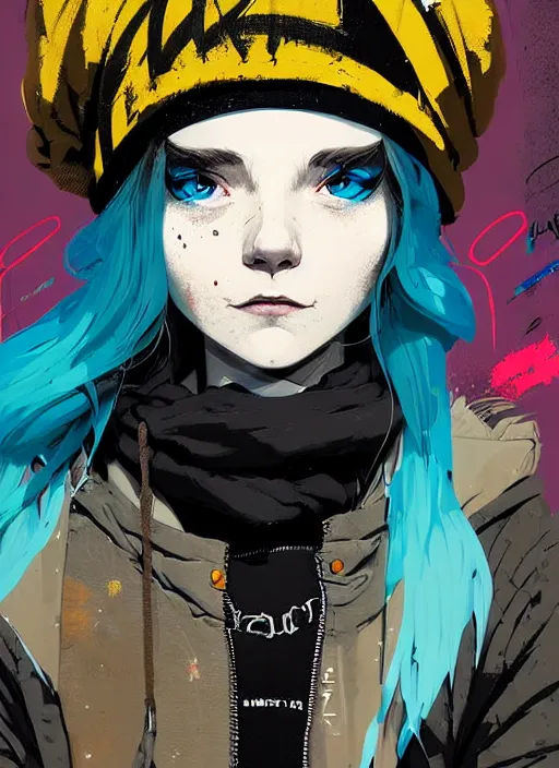 Image similar to highly detailed portrait of a sewer punk lady student, blue eyes, tartan hoody, hat, white hair by atey ghailan, by greg rutkowski, by greg tocchini, by james gilleard, by joe fenton, by kaethe butcher, gradient yellow, black, brown and cyan color scheme, grunge aesthetic!!! ( ( graffiti tag wall background ) )