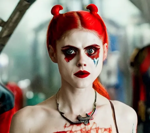 Prompt: film still of alexandra daddario as harley quinn