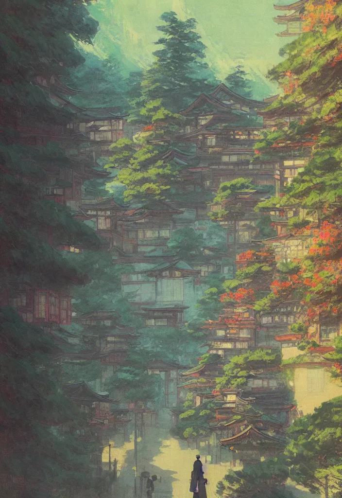 Image similar to a japanese city in the mountain, ryokans and edo era houses, yokai walking around, epic cyberpunk, lofi, vivid colors, amazing light, beautiful nature, by jeremy lipkin, by claude monet, heavily inspired by makoto shinkai, kandinsky touches, inspired by ghibli, masterpiece, beautiful, multiple brush strokes, impressionist style, high contrast