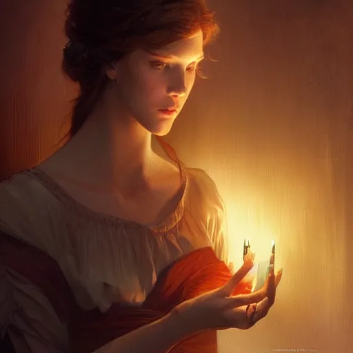 Prompt: very beatiful girl close to a candle in dark room, dramatic light, highly detailed, digital painting, artstation, concept art, sharp focus, illustration, art by artgerm and greg rutkowski and alphonse mucha