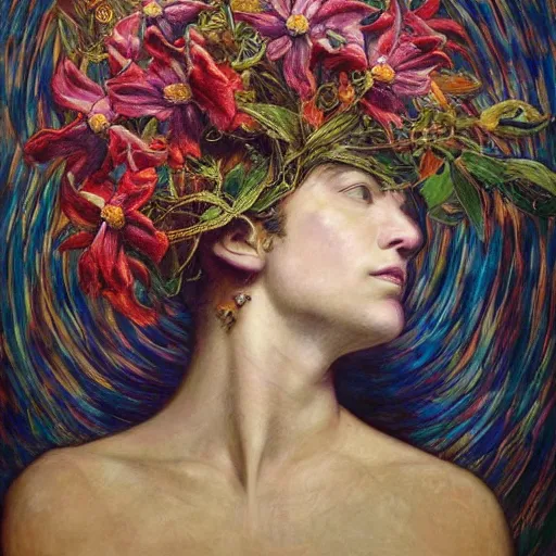 Prompt: masterpiece painting of a doug stanhope made of stylized flowers, by annie swynnerton and jean delville and tino rodriguez, flower mask, art deco shaman, symbolist, dramatic lighting, god rays, elaborate geometric ornament, clean crisp graphics, soft cool colors, smooth, sharp focus, extremely detailed