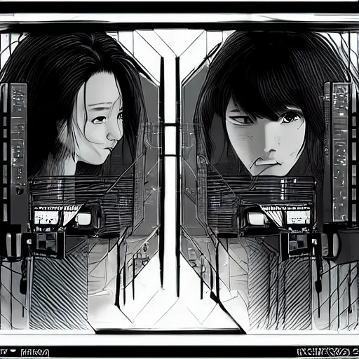 Prompt: beautiful twin sisters hacking into the mainframe of the pentagon, in the style of hiroya oku and riyoko ikeda, black and white, photorealistic, epic, super technical