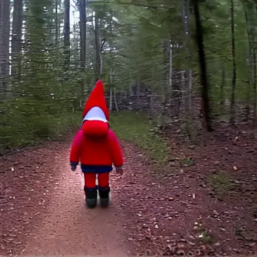 Prompt: bad quality screenshot of a leaked video of a small person dressed as gnome following me through a forest trail, night time, bright camera flash, camera shaking, realistic, ultrarealistic, 480p, scary