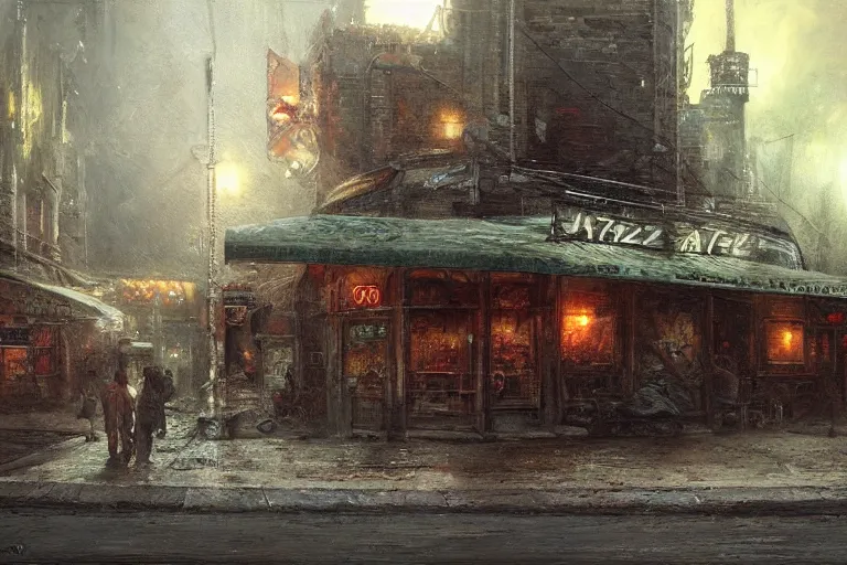 Prompt: An empty jazz cafe, moody scene, highly detailed, intricate, sharp details, dystopian mood, 1950 scene by gaston bussiere, craig mullins, somber lighting, drawn by Giacomo Burattini, inspired by graphic novel cover art