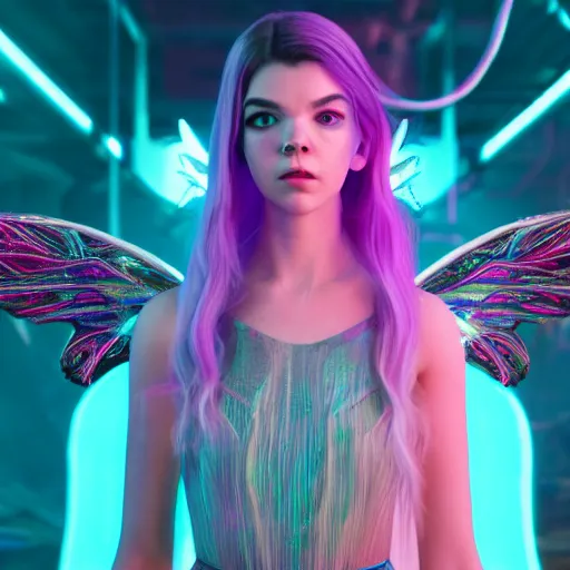 Prompt: neon fluorescent, iridescent older anya taylor - joy with fairy wings cyperpunk 2 0 7 7, unreal engine 5, 8 k ultra realistic, hyperdetailed, volumetric lighting, extremely high quality