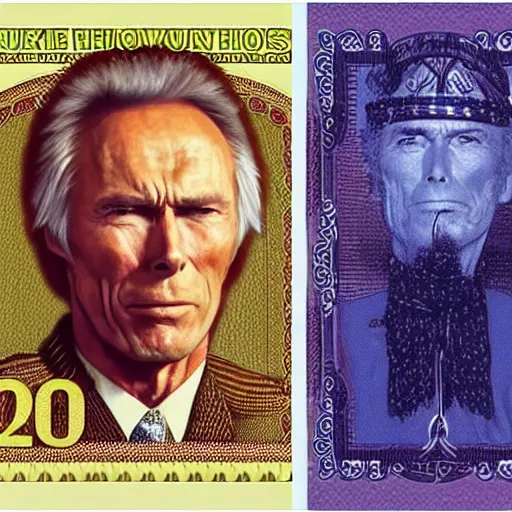 Image similar to a £ 2 0 pound note with clint eastwood instead of the queens head