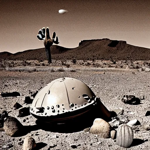 Image similar to crashed burning UFO broken flying saucer in pieces strewn across a rocky desert, with a sad Roswell grey alien trying to repair his destroyed spacecraft in the desert, crashed smoking UFO, crashed bent and broken Flying Saucer, cactus and rocks in the background, dusk, Nikon photo