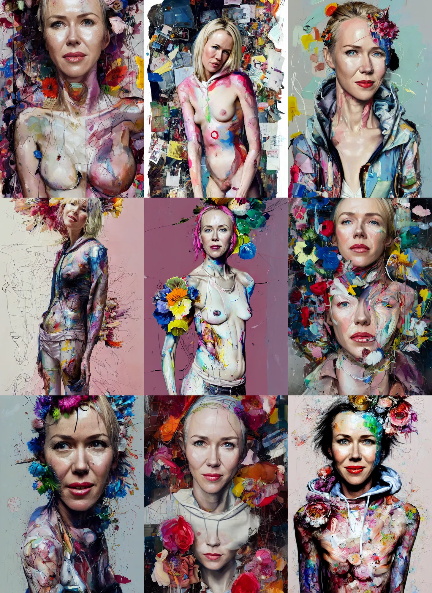 Prompt: 2 5 year old naomi watts in the style of martine johanna and! jenny saville!, wearing a hoodie, standing in a township street, street fashion outfit, haute couture fashion shoot, full figure painting by john berkey, david choe, ismail inceoglu, decorative flowers, 2 4 mm, die antwoord ( yoladi visser )