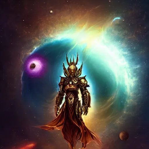 Image similar to photorealistic fantasy cosmic concept art of a cosmic god with armor made out of planets and dark matter, hovering in a unknown galaxy, fully body portrait, cinematic, dynamic lighting, ultra detailed, creative, trending on art station, stunning visuals, creative