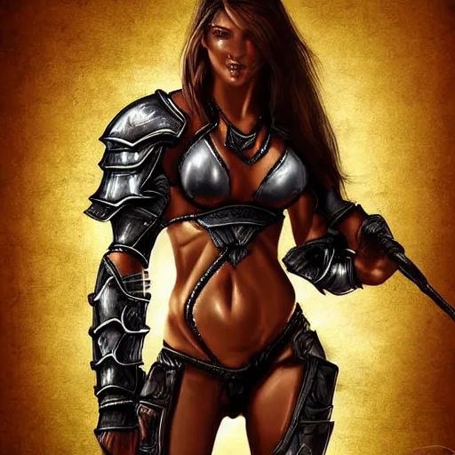 Image similar to digital art of female warrior, fit body muscular body in bikini armor highly detailed