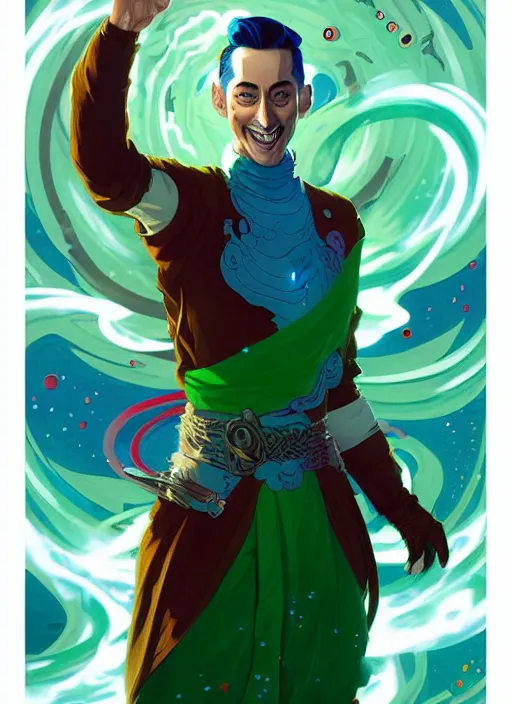 Image similar to style artgerm, joshua middleton, illustration, pee wee herman as a warrior monk wearing green pelt light armor, blue hair, swirling water cosmos, fantasy, dnd, cinematic lighting