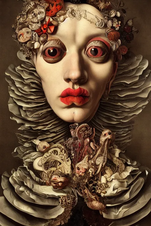 Prompt: Detailed maximalist portrait with large lips and with large, wide eyes, expressive, extra flesh and bones, HD mixed media, 3D collage, highly detailed and intricate, surreal, illustration in the style of Caravaggio, dark art, baroque