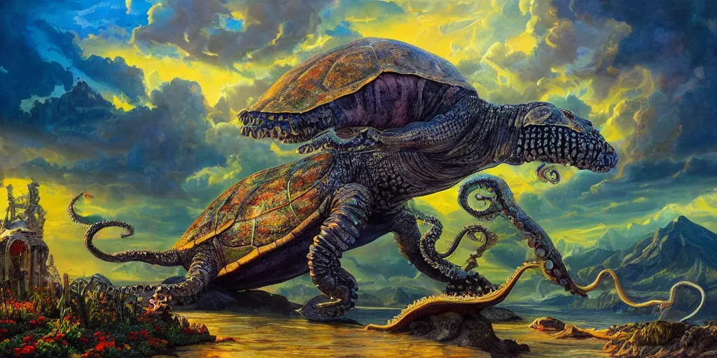 Image similar to fantasy oil painting, great leviathan, cybernetic turtle cephalopod terrapin reptilian pachyderm squid, bella hadid, hybrid, milla jovovich, anubis, epic natural light, lush plants flowers, spectacular mountains, bright clouds, luminous sky, outer worlds, golden hour, michael cheval, edward hopper, michael whelan, vray, hd