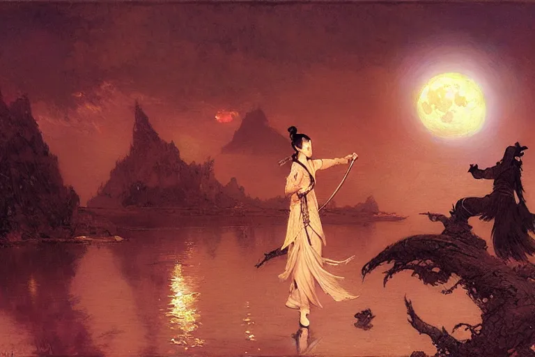 Image similar to wuxia, moon, river, night, painting by gaston bussiere, craig mullins, j. c. leyendecker